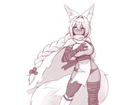Rule 34 | 1girl, absurdres, animal ear fluff, animal ears, bandaged arm, bandaged leg, bandages, braid, breasts, cape, commentary, dark-skinned female, dark skin, english commentary, fox ears, fox tail, greyscale, hair between eyes, highres, large breasts, large tail, long hair, looking away, looking to the side, mana (sub-res), monochrome, original, pelvic curtain, scar, scar on face, sketch, solo, sub-res, tail