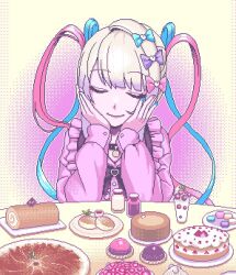 Rule 34 | 1girl, blonde hair, blue bow, blue hair, blue nails, bow, bowtie, cake, chouzetsusaikawa tenshi-chan, closed eyes, commentary, cookie, dithering, eencya, food, frilled shirt, frills, hair bow, hair ornament, hands on own cheeks, hands on own face, heart, heart hair ornament, jirai kei, long hair, long sleeves, macaron, multicolored hair, multicolored nails, multiple hair bows, needy girl overdose, pie, pink bow, pink hair, pink nails, pink shirt, pixel art, purple bow, quad tails, shirt, smile, solo, swiss roll, symbol-only commentary, table, upper body, yellow nails