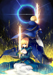 Rule 34 | 1boy, 1girl, absurdres, ahoge, armor, arthur pendragon (fate), artoria pendragon (all), artoria pendragon (fate), back-to-back, belt buckle, blonde hair, blue dress, blue eyes, braid, breasts, buckle, cape, cleavage, cleavage cutout, clothing cutout, commentary request, dress, excalibur (fate/stay night), fate/prototype, fate/stay night, fate (series), faulds, french braid, highres, holding, holding sword, holding weapon, jazztaki, juliet sleeves, long sleeves, looking down, puffy sleeves, saber (fate), short hair, sitting, small breasts, standing, sword, weapon, yokozuwari
