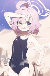 Rule 34 | 1girl, abydos high school swimsuit, ahoge, arm up, bare arms, bare shoulders, blue archive, blue eyes, blue one-piece swimsuit, blue sky, blurry, blurry background, blush, collarbone, covered navel, cowboy shot, day, fang, gluteal fold, halo, heterochromia, highres, hoshino (blue archive), hoshino (young) (blue archive), huge ahoge, looking at viewer, one-piece swimsuit, open mouth, outdoors, pink hair, pink halo, short hair, sky, solo, sweat, swimsuit, wagashi928, yellow eyes