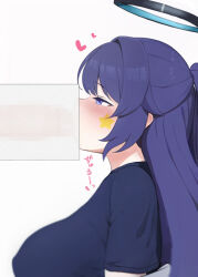 Rule 34 | 1boy, 1girl, blue archive, blush, breasts, censored, commentary request, covered penis, fellatio, from side, gym uniform, halo, heart, hetero, implied fellatio, large breasts, long hair, mochitsuki karen, mosaic censoring, official alternate costume, oral, ponytail, purple eyes, purple hair, shirt, simple background, star (symbol), sticker on face, white background, yuuka (blue archive), yuuka (track) (blue archive)