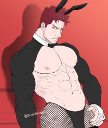 Rule 34 | 1boy, abs, animal ears, bara, bare pectorals, blush, boku no hero academia, closed mouth, endeavor (boku no hero academia), facial hair, fake animal ears, fishnet pantyhose, fishnets, large pectorals, male focus, male playboy bunny, meme attire, muscular, muscular male, navel, nipples, pantyhose, pectorals, rabbit boy, rabbit ears, red background, red hair, reverse bunnysuit, reverse outfit, shadow, shiroshiro69, short hair, shrug (clothing), simple background, solo, spiked hair, twitter username