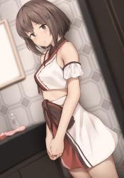 Rule 34 | 1girl, blurry, blurry background, blush, breasts, brown eyes, brown hair, cowboy shot, driftkingtw, dutch angle, hair between eyes, kantai collection, mirror, official alternate costume, parted lips, shirt, short hair, short sleeves, skirt, small breasts, solo, tan yang (kancolle), white shirt, white skirt, yukikaze (kancolle)