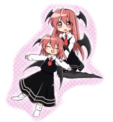 Rule 34 | 2girls, :d, :o, ^ ^, alternate hair length, alternate hairstyle, bat wings, black pantyhose, black skirt, black vest, blush, chibi, closed eyes, collared shirt, commentary request, dot nose, dress shirt, dual persona, eyes visible through hair, fang, full body, hair between eyes, head wings, juliet sleeves, kneeling, koakuma, long sleeves, looking at viewer, mijinko (zrmt), multiple girls, necktie, no shoes, open mouth, outstretched arms, pantyhose, pink background, polka dot, polka dot background, puffy sleeves, red eyes, red hair, red necktie, shirt, sidelocks, simple background, skin fang, skirt, skirt set, smile, socks, spread arms, touhou, vest, white background, white shirt, white socks, wings