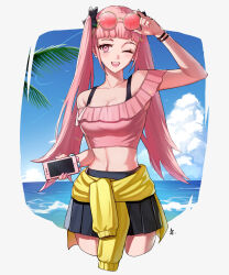 Rule 34 | 1girl, absurdres, alternate costume, bare shoulders, black ribbon, black skirt, blue sky, blunt bangs, blush, breasts, cardigan, cardigan around waist, cellphone, cleavage, clothes around waist, cloud, collarbone, commentary, contemporary, earrings, english commentary, eyewear on head, female focus, fingernails, fire emblem, fire emblem: three houses, hair ribbon, highres, hilda valentine goneril, holding, holding phone, jewelry, long hair, looking at viewer, matching hair/eyes, medium breasts, midriff, miniskirt, nintendo, ocean, one eye closed, open mouth, palm tree, phone, pink-tinted eyewear, pink eyes, pink hair, pink nails, pink shirt, pleated skirt, ribbon, round eyewear, shirt, signature, skirt, sky, sleeveless, sleeveless shirt, smile, solo, sunglasses, sunglasses on head, teeth, tinted eyewear, tree, twintails, upper teeth only, water, wink, yellow cardigan, zedoraart