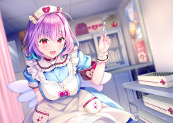 Rule 34 | 1girl, ahoge, apron, armband, blue dress, blue hair, blush, breasts, choker, dress, hat, highres, idolmaster, idolmaster cinderella girls, large breasts, looking at viewer, multicolored hair, nurse cap, open mouth, pink choker, pink eyes, pink hair, puffy short sleeves, puffy sleeves, rei (rei&#039;s room), short hair, short sleeves, smile, solo, syringe, two-tone hair, white apron, wings, yumemi riamu