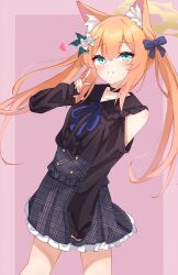Rule 34 | 1girl, absurdres, animal ears, black shirt, black skirt, blue archive, blue eyes, blush, bow, buttons, casual, double-breasted, flower, fox ears, fox girl, grin, hair between eyes, hair bow, hair flower, hair ornament, halo, hand up, happy, highres, kabocya na, long hair, long sleeves, mari (blue archive), off-shoulder shirt, off shoulder, orange hair, plaid, plaid bow, plaid skirt, pointing, pointing at self, shirt, skirt, smile, solo, twintails, very long hair, white flower, yellow halo