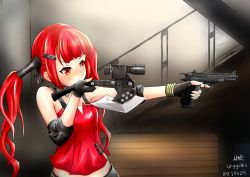 Rule 34 | 1girl, absurdres, aiming, artist name, axe, commentary, cz75 (girls&#039; frontline), cz 75, english commentary, fingerless gloves, girls&#039; frontline, gloves, gun, hair ornament, hairclip, handgun, highres, long hair, looking to the side, name connection, pistol, red eyes, red hair, scope, shirt, shoulder pads, solo, stairs, tomahawk, twintails, weapon