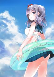 Rule 34 | 10s, 1girl, alternate costume, arched back, ass, bare shoulders, bikini, bikini top only, blue eyes, blue skirt, blue sky, breasts, cloud, cloudy sky, day, flower, hair between eyes, hair flower, hair ornament, highres, innertube, inuko (redconstellation), kantai collection, kashima (kancolle), large breasts, long hair, looking to the side, md5 mismatch, outdoors, silver hair, skirt, sky, smile, solo, swim ring, swimsuit, tsurime, twintails, wavy hair