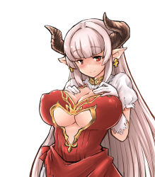 Rule 34 | 10s, 1girl, alicia (granblue fantasy), blush, breasts, cleavage, cow girl, cow horns, dress, earrings, covered erect nipples, female focus, gloves, granblue fantasy, horns, huge breasts, jewelry, long hair, looking at viewer, pointy ears, rasen ou, red eyes, silver hair, simple background, solo, standing, underboob, upper body, white background, white gloves