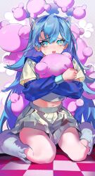Rule 34 | 1girl, absurdres, ado (utaite), blue eyes, blue hair, blush, cloud nine inc, commentary, crop top, crying, crying with eyes open, detached sleeves, eyelashes, facing viewer, feet out of frame, full body, hair between eyes, highres, horns, hug, kura kura (ado), long hair, looking at viewer, midriff, multicolored eyes, navel, nik ibi, on floor, open mouth, pleated skirt, shiny clothes, sitting, skirt, tears, tile floor, tiles, utaite, white footwear, white skirt, yellow eyes