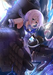 Rule 34 | 10s, 1girl, bare shoulders, black gloves, black skirt, black thighhighs, blue eyes, blue neckerchief, braid, cannon, cloud, collared shirt, elbow gloves, gloves, hair tie, highres, kantai collection, loafers, long hair, machinery, mole, mole under eye, neckerchief, ocean, parted bangs, pleated skirt, rasen (camura), school uniform, serafuku, shirt, shoes, single braid, skirt, sleeveless, sleeveless shirt, smile, smokestack, solo, thighhighs, torpedo, turret, umikaze (kancolle), very long hair, water, white hair