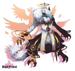 Rule 34 | black coat, character name, claws, coat, commentary request, dragon, dragon chronicle, emon-yu, full body, halo, high priest (ragnarok online), horns, layered clothes, long sleeves, no humans, ragnarok online, white background, white coat, white wings, wings
