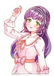 Rule 34 | 1girl, arm up, blush, bow, braid, collared dress, corrupted twitter file, cropped arm, cropped torso, dress, french braid, green eyes, hairband, highres, idol, idol clothes, link! like! love live!, long hair, long sleeves, looking at viewer, love live!, meiji (mosamoo3), neck ribbon, official alternate costume, official alternate hairstyle, open mouth, orange bow, orange ribbon, otomune kozue, purple hair, ribbon, simple background, sleeve cuffs, smile, solo, special thanks (love live!), upper body, virtual youtuber, waist bow, white background, white bow, white dress, white hairband