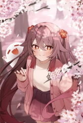 Rule 34 | 1girl, alternate costume, black nails, boo tao (genshin impact), brown hair, brown skirt, cherry blossoms, closed mouth, flower, flower-shaped pupils, genshin impact, ghost, gya (144), hair between eyes, hu tao (genshin impact), jacket, long hair, long sleeves, looking at viewer, pink jacket, red eyes, skirt, smile, solo, symbol-shaped pupils, third-party edit, twintails, very long hair