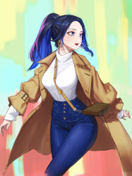 Rule 34 | 1girl, absurdres, alternate hairstyle, bag, black hair, blue eyes, blue hair, blue pants, breasts, brown coat, coat, colored inner hair, commentary, denim, earrings, english commentary, hantata, high-waist pants, high ponytail, highres, hololive, hololive english, jeans, jewelry, large breasts, long hair, long sleeves, looking to the side, multicolored hair, official alternate costume, open clothes, open coat, open mouth, ouro kronii, ouro kronii (casual), pants, shoulder bag, solo, sweater, sweater tucked in, teeth, trench coat, upper teeth only, virtual youtuber, white sweater
