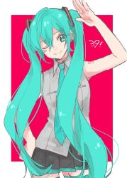 Rule 34 | 1girl, 39, ;), armpit peek, armpits, bad id, bad pixiv id, bare arms, bare shoulders, black skirt, blue eyes, blue hair, blue necktie, breasts, cowboy shot, curly hair, eyelashes, grey shirt, hair between eyes, hand on own hip, hand up, hatsune miku, head tilt, long hair, looking at viewer, mope, necktie, one eye closed, pink background, pleated skirt, rectangle, salute, shirt, simple background, skirt, sleeveless, sleeveless shirt, small breasts, smile, solo, standing, thighhighs, twintails, two-tone background, very long hair, vocaloid, white background, zettai ryouiki