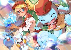 Rule 34 | 1girl, :o, absurdres, apron, blonde hair, blue eyes, bubble, bubble (pokemon), commentary request, creatures (company), game freak, gen 1 pokemon, gen 3 pokemon, gen 4 pokemon, glasses, hair tie, hand up, hat, highres, holding, holding menu, holding tray, leah (pokemon), making-of available, menu, nintendo, open mouth, pachirisu, pokemon, pokemon (creature), pokemon cafe remix, pokemon move, pon yui, ponytail, red-framed eyewear, red headwear, restaurant, sparkle, squirtle, standing, swablu, tray, waist apron, waitress