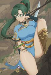 Rule 34 | 1girl, black gloves, breasts, commentary request, dress, earrings, fingerless gloves, fire emblem, fire emblem: the blazing blade, gloves, green eyes, green hair, high ponytail, highres, jewelry, large breasts, long hair, looking down, lyn (fire emblem), mountain, nintendo, pelvic curtain, ponytail, sheath, short sleeves, solo, thighs, very long hair, wangxiii