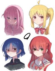 Rule 34 | 4girls, absurdres, asymmetrical sidelocks, black shirt, blonde hair, blue eyes, blue hair, blush, bocchi the rock!, bow, bowtie, brown eyes, brown shirt, cable tie, closed mouth, collared shirt, commentary, cropped shoulders, dot nose, ear piercing, expressionless, gloom (expression), gotoh hitori, green eyes, hair ornament, hair over eyes, hairclip, highres, ijichi nijika, jacket, kita ikuyo, long hair, looking at viewer, medium hair, mole, mole under eye, multiple girls, nenehotoso, one side up, piercing, pink hair, pink jacket, pink track suit, red bow, red bowtie, red hair, sailor collar, school uniform, shaded face, shirt, short hair, shuka high school uniform, side ponytail, sidelocks, simple background, smile, symbol-only commentary, upper body, v-shaped eyebrows, white background, white sailor collar, white shirt, yamada ryo