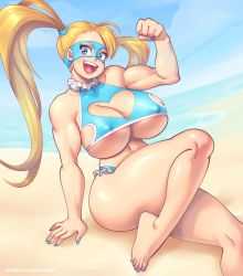 Rule 34 | 1girl, areola slip, bikini, blonde hair, blue eyes, breasts, cleavage, cleavage cutout, clothing cutout, day, heart cutout, large breasts, long hair, mask, nail polish, navel, open mouth, rainbow mika, sitting, smile, solo, street fighter, supersatanson, swimsuit, thick thighs, thighs, twintails, wide hips