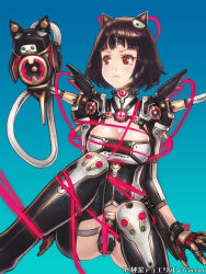 Rule 34 | 1girl, :t, black hair, bound, breasts, cable, cleavage, copyright name, gradient background, junketsu duelion, mana (remana), mecha musume, nekoya yume, official art, red eyes, robot ears, short hair, solo, tears, tied up, watermark