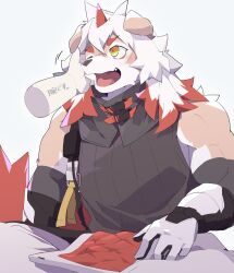 Rule 34 | 1boy, ambiguous gender, arknights, bara, black shirt, commentary, fang, furry, furry male, hand on another&#039;s head, highres, horns, hung (arknights), kanato (sakehabera), long hair, looking at hand, mythological creature, one eye closed, open mouth, shirt, simple background, single horn, sleeveless, sleeveless shirt, sleeveless turtleneck, translation request, turtleneck, white background