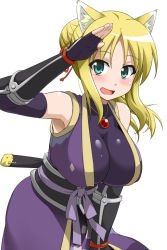 Rule 34 | 10s, 1girl, animal ears, armor, armpits, bare shoulders, blonde hair, breasts, detached sleeves, dog days, fingerless gloves, fox ears, gloves, green eyes, japanese armor, japanese clothes, jewelry, kote, large breasts, long hair, ninja, obi, open mouth, pendant, ponytail, salute, sash, sheath, short hair, simple background, smile, solo, white background, youkan, yukikaze panettone