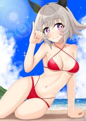 Rule 34 | 1girl, \m/, animal ears, beach, bikini, blue sky, breasts, cloud, commission, criss-cross halter, curren chan (umamusume), day, ganimede, grey hair, halterneck, highleg, horizon, horse ears, horse girl, horse tail, lens flare, medium breasts, navel, ocean, outdoors, purple eyes, red bikini, short hair, skeb commission, sky, sleeveless, sleeveless turtleneck, solo, sparkle, swimsuit, tail, thigh gap, turtleneck, umamusume