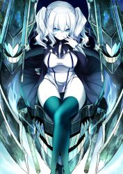 Rule 34 | 10s, 1girl, abyssal ship, blue eyes, breasts, dark persona, female focus, kantai collection, kashima (kancolle), koruta (nekoimo), large breasts, crossed legs, long hair, pale skin, silver hair, smile, solo, thighhighs, turret, twintails