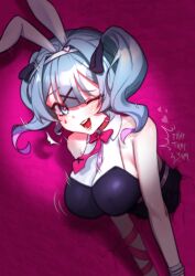 Rule 34 | 1girl, animal ears, bare shoulders, black leotard, blue eyes, blue hair, bow, breasts, fake animal ears, hair ornament, hatsune miku, heart, highres, implied sex, large breasts, leotard, looking at viewer, one eye closed, open mouth, playboy bunny, rabbit ears, rabbit hole (vocaloid), slewpie, smile, solo, speed lines, teardrop facial mark, through wall, twintails, vocaloid, x hair ornament