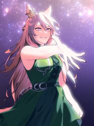 Rule 34 | 1girl, animal ears, arm at side, bare arms, belt, blurry, breasts, brown hair, clenched hand, depth of field, dress, glint, green dress, highres, horse ears, horse girl, horse tail, korean commentary, long hair, night, official alternate costume, outstretched arm, purple eyes, sleeveless, sleeveless dress, small breasts, smile, solo, star (sky), symboli rudolf (enchainment) (umamusume), symboli rudolf (umamusume), tail, tonight at the ligne droite (umamusume), ukka (0ukka ), umamusume, upper body