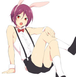 Rule 34 | 10s, 1boy, aged down, animal ears, bow, bowtie, fang, free!, looking at viewer, male focus, male playboy bunny, matsuoka rin, mo (nmnme), open mouth, rabbit ears, rabbit tail, red hair, shorts, simple background, solo, suspenders, tail, white background, wrist cuffs
