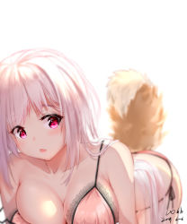 Rule 34 | 1girl, absurdres, all fours, bare shoulders, blush, bra, breasts, cleavage, collarbone, commentary request, dog tail, eyelashes, fang, hbb, highres, lace, lace-trimmed bra, lace trim, large breasts, long hair, looking at viewer, medium breasts, open mouth, original, panties, pink bra, pink eyes, pink panties, side-tie panties, sidelocks, simple background, solo, spaghetti strap, strap slip, tail, underwear, very long hair, white background, white hair