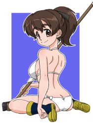 Rule 34 | 1girl, ass, back, bikini, black footwear, black ribbon, blue background, boots, border, breasts, broom, brown eyes, brown hair, butt crack, closed mouth, commentary, from behind, full body, girls und panzer, hair ribbon, halterneck, holding, holding broom, koyama yuzu, looking at viewer, looking back, medium breasts, medium hair, outline, outside border, ribbon, rubber boots, short ponytail, side-tie bikini bottom, sitting, smile, solo, swimsuit, takahashi kurage, textless version, wariza, white bikini, white border, white outline