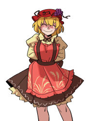 Rule 34 | absurdres, aki minoriko, apron, arms behind back, black skirt, blonde hair, closed eyes, closed mouth, commentary, eddybird55555, english commentary, facing viewer, food, fruit, grapes, hat, highres, juliet sleeves, long sleeves, mob cap, puffy sleeves, red apron, red hat, shirt, short hair, simple background, skirt, standing, touhou, white background, yellow shirt