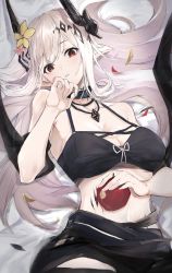 Rule 34 | 1girl, apple, arknights, bare shoulders, black ribbon, breasts, cleavage, collarbone, flower, food, from above, fruit, hair flower, hair ornament, highres, holding, holding food, holding fruit, horns, jewelry, konota ko, large breasts, long hair, looking at viewer, looking up, lying, material growth, mudrock (arknights), mudrock (silent night) (arknights), navel, necklace, official alternate costume, on back, oripathy lesion (arknights), parted lips, pointy ears, red eyes, ribbon, sarong, silver hair, solo, swept bangs, very long hair, yellow flower