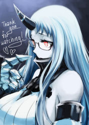 Rule 34 | 10s, 1girl, abyssal ship, bespectacled, breasts, claws, covered mouth, detached sleeves, dress, glasses, horns, huge breasts, kantai collection, long hair, pas (paxiti), red eyes, ribbed dress, ringed eyes, seaport princess, semi-rimless eyewear, sideboob, single horn, solo, thank you, under-rim eyewear, upper body, white hair