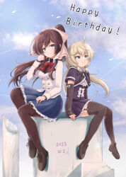 Rule 34 | 2girls, ahoge, aqua eyes, arms at sides, assault lily, black ribbon, black shirt, black skirt, black thighhighs, blue eyes, blue skirt, blue sky, bow, bowtie, breasts, brown bow, brown footwear, brown hair, brown pantyhose, buttons, center frills, closed mouth, cloud, cropped jacket, dated, day, detached sleeves, floating hair, frilled shirt, frilled shirt collar, frilled skirt, frills, full body, garter straps, grey hair, hair bow, hand in own hair, hand on own thigh, hand up, happy birthday, head tilt, herensuge girls academy school uniform, high ponytail, inoguchi minto, jacket, jewelry, kanabako misora, knees together feet apart, light particles, loafers, long hair, long sleeves, looking ahead, looking at viewer, low twintails, medium breasts, miniskirt, multiple girls, neck ribbon, outdoors, pantyhose, pillar, pleated skirt, ponytail, red bow, red bowtie, ribbon, ring, ruins, school uniform, serizawa chikaru, shirt, shoes, short sleeves, sitting, skirt, sky, sleeves past wrists, smile, thighhighs, twintails, underbust, very long hair, white bow, white jacket, yurigaoka girls academy school uniform