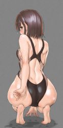 Rule 34 | 1girl, ass, back, barefoot, black one-piece swimsuit, blue eyes, breasts, brown hair, butt crack, competition swimsuit, dimples of venus, from behind, full body, grey background, highres, inu (aerodog), looking at viewer, looking back, one-piece swimsuit, original, short hair, simple background, small breasts, soles, solo, squatting, swimsuit, wet, wet hair