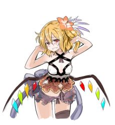 Rule 34 | 1girl, :d, ariyoshi gen, arms up, black thighhighs, blonde hair, blush, cosplay, fang, flandre scarlet, flower, granblue fantasy, hair flower, hair ornament, looking at viewer, miniskirt, open mouth, red eyes, short hair, simple background, single thighhigh, skirt, smile, solo, thighhighs, touhou, vila (cosplay), vira (cosplay), vira (granblue fantasy), white background, wings