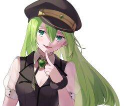 Rule 34 | 1girl, alina gray, black hat, black necktie, black vest, breasts, brooch, buttoned cuffs, buttons, cleavage, collar, collared shirt, cross tie, detached collar, finger to own chin, fur cuffs, gem, green eyes, green gemstone, green hair, hair between eyes, hat, jewelry, lapels, long hair, looking at viewer, magia record: mahou shoujo madoka magica gaiden, magical girl, mahou shoujo madoka magica, medium breasts, necktie, nneiro, notched lapels, open mouth, peaked cap, puffy short sleeves, puffy sleeves, see-through, see-through sleeves, shirt, short sleeves, sidelocks, simple background, sleeve cuffs, smile, solo, upper body, v-neck, vest, white background, white collar