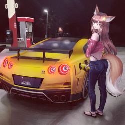 Rule 34 | 1girl, absurdres, animal ears, annytf, blue pants, brown hair, car, commentary, denim, english commentary, fox ears, fox girl, fox tail, from behind, gas pump, gas pump nozzle, gas station, hair ornament, highres, holding, indie virtual youtuber, jeans, lamppost, lit for 20, long hair, looking at viewer, looking back, motor vehicle, night, night sky, nissan, nissan gt-r, outdoors, pants, photo background, sky, solo, sports car, standing, star (symbol), star hair ornament, tail, vehicle focus, virtual youtuber, yellow eyes