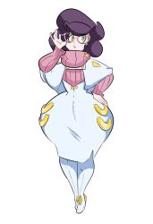 Rule 34 | 10s, 1girl, adjusting eyewear, boots, creatures (company), dress, full body, game freak, glasses, green eyes, hand on own hip, hand up, hernyed, highres, long sleeves, looking to the side, looking up, nintendo, open mouth, pink-framed eyewear, pokemon, pokemon sm, purple hair, purple sweater, short hair, simple background, solo, standing, sweater, teeth, turtleneck, turtleneck sweater, white background, white dress, white footwear, wicke (pokemon), wide hips