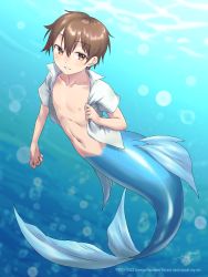 Rule 34 | 1boy, air bubble, artist name, awono nanaumi, blue tail, brown eyes, brown hair, bubble, collarbone, collared shirt, commentary, commission, fins, full body, hair between eyes, highres, kneeless mermaid, light blush, looking at viewer, male focus, merman, monster boy, navel, nipples, open clothes, open shirt, original, parted lips, shirt, short hair, short sleeves, sidelocks, signature, skeb commission, smile, solo, split tail, stomach, underwater, white hair