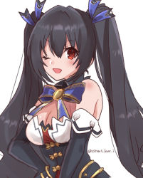 Rule 34 | 1girl, bare shoulders, black hair, blush, breasts, cleavage, detached sleeves, dress, hair ribbon, haruna (citrus love i), long hair, medium breasts, neptune (series), noire (neptunia), one eye closed, red eyes, ribbon, simple background, smile, solo, twintails, twitter username, white background