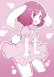 Rule 34 | 1girl, animal ears, carrot, clothes grab, dress, female focus, inaba tewi, jewelry, kitsune choukan, monochrome, open mouth, pendant, pink theme, rabbit ears, rabbit girl, rabbit tail, short hair, smile, solo, tail, touhou