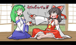 Rule 34 | 2girls, alcohol, aono3, barefoot, blush, choko (cup), cup, detached sleeves, drink, female focus, green hair, hair ornament, hakurei reimu, japanese clothes, kochiya sanae, letterboxed, miko, multiple girls, open mouth, sake, touhou, translated
