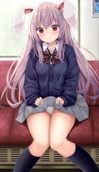 Rule 34 | 1girl, absurdres, animal ears, black socks, blush, bow, bowtie, breasts, buttons, clothes lift, collared shirt, commentary request, grey skirt, highres, knees together feet apart, large breasts, light purple hair, long hair, long sleeves, looking at viewer, panties, pleated skirt, pocket, rabbit ears, red bow, red bowtie, red eyes, reisen udongein inaba, shirt, sidelocks, sitting, skirt, skirt lift, smile, socks, solo, striped, striped bow, suigetsu (watermoon-910), sweater, thighs, touhou, underwear, white panties, white shirt, window, wing collar