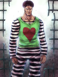 Rule 34 | 1boy, clenched hand, collarbone, heart, heart print, inaba-no-kuni-tottori, looking at viewer, male focus, muscular, one-punch man, prison clothes, puri puri prisoner, solo, striped